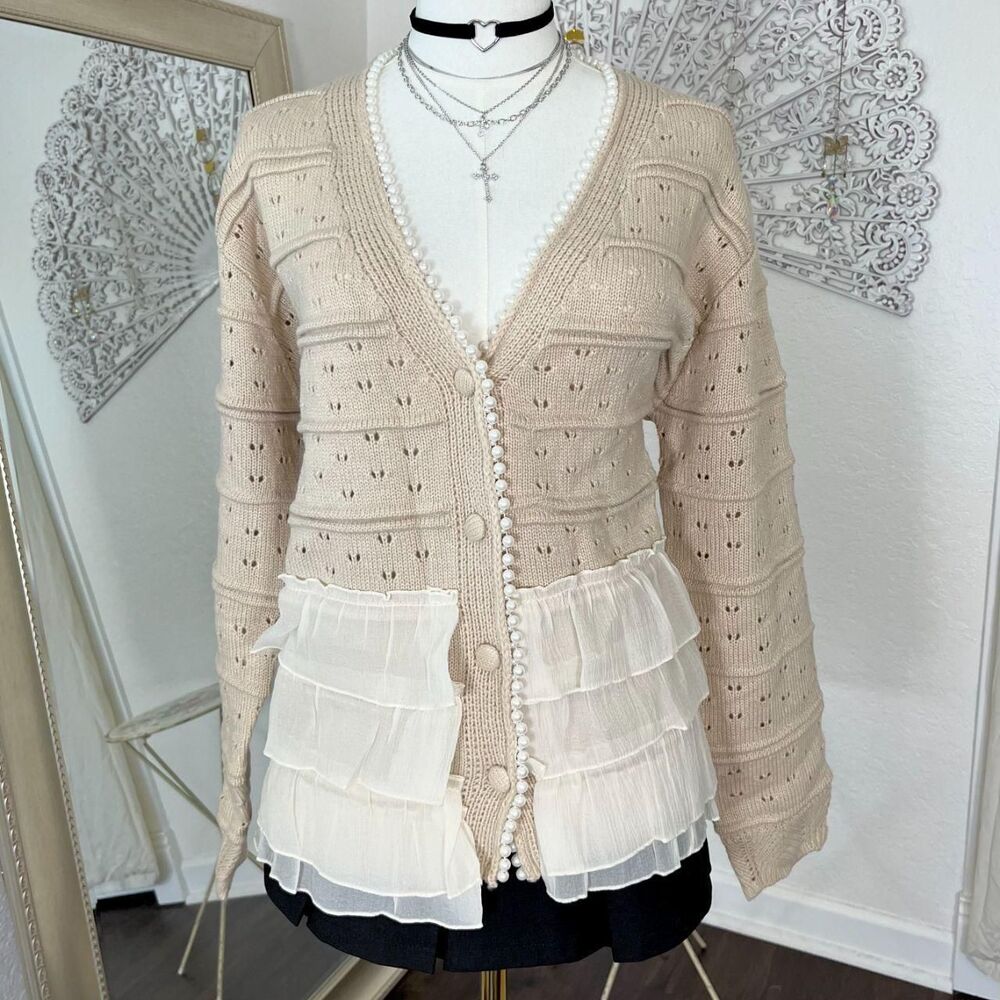 Cream Tan Mixed Fabric Lace Knitted Pearl Trim V-Neck Cardigan XL